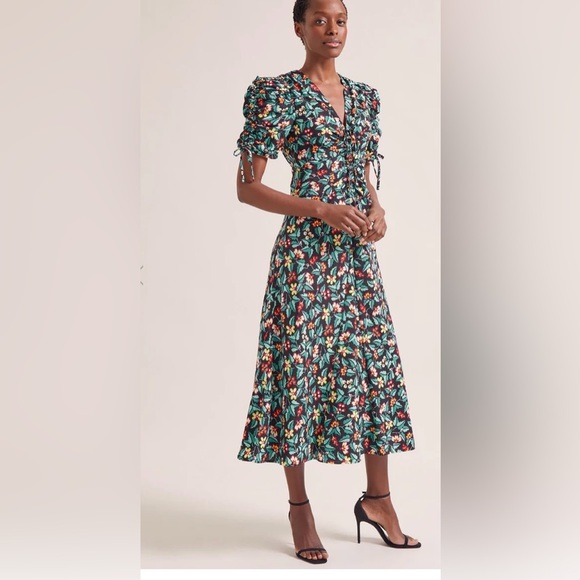 CEFFIN Ophelia Bias Cut Maxi Dress - Black Multi Tropical Floral Print SIZE 8 - Picture 3 of 11